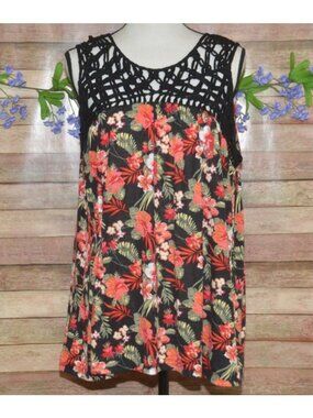 Black Tropical Floral Lace Crochet Accent Sleeveless Top Plus Size XXL 20 Beach